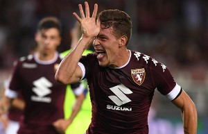 TURIN, ITALY - AUGUST 28: Andrea Belotti of FC Torino celebrates his second goal during the Serie A match between FC Torino and Bologna FC at Stadio Olimpico di Torino on August 28, 2016 in Turin, Italy. (Photo by Valerio Pennicino/Getty Images)